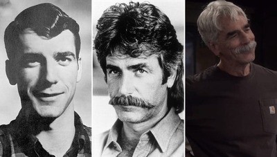 Sam Elliott’s college yearbook photo at Clark College. / Sam Elliott in Mask with his infamous mustache. / Sam Elliott at Beau in The Ranch. 