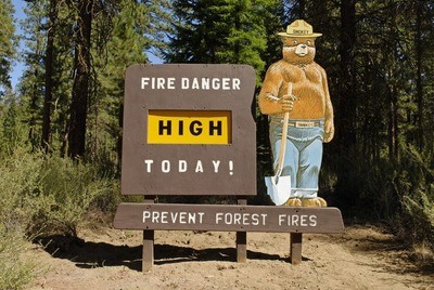 Smokey the Bear and an information sign about the danger of fire in the national forest in Oregon. 