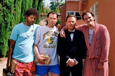 Quentin Tarantino, John Travolta, Samuel L. Jackson, and Harvey Keitel in Pulp Fiction