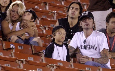 Pamela Anderson and Tommy Lee with their sons Brandon Thomas and Dylan Jagger in the stadium at the x games 