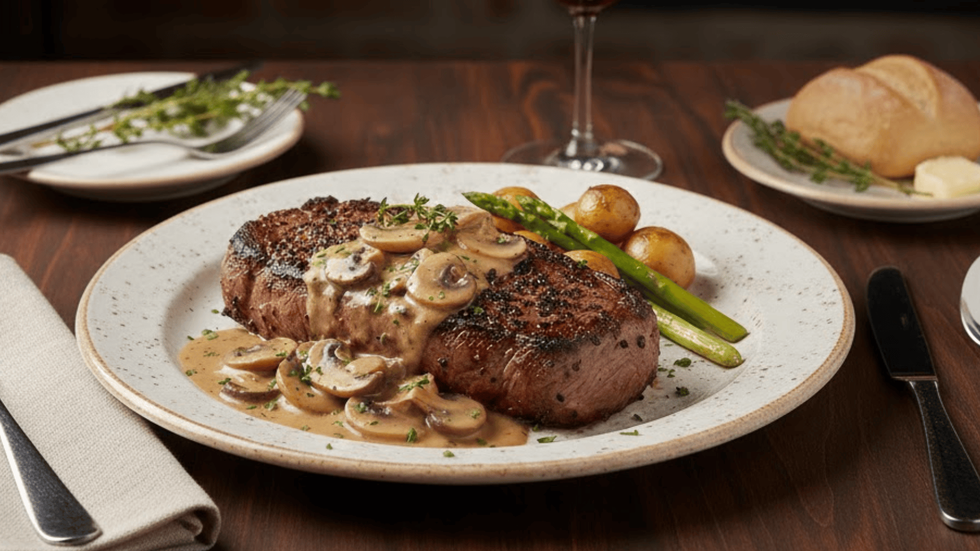 5 peppered ny strip with mushroom sauce