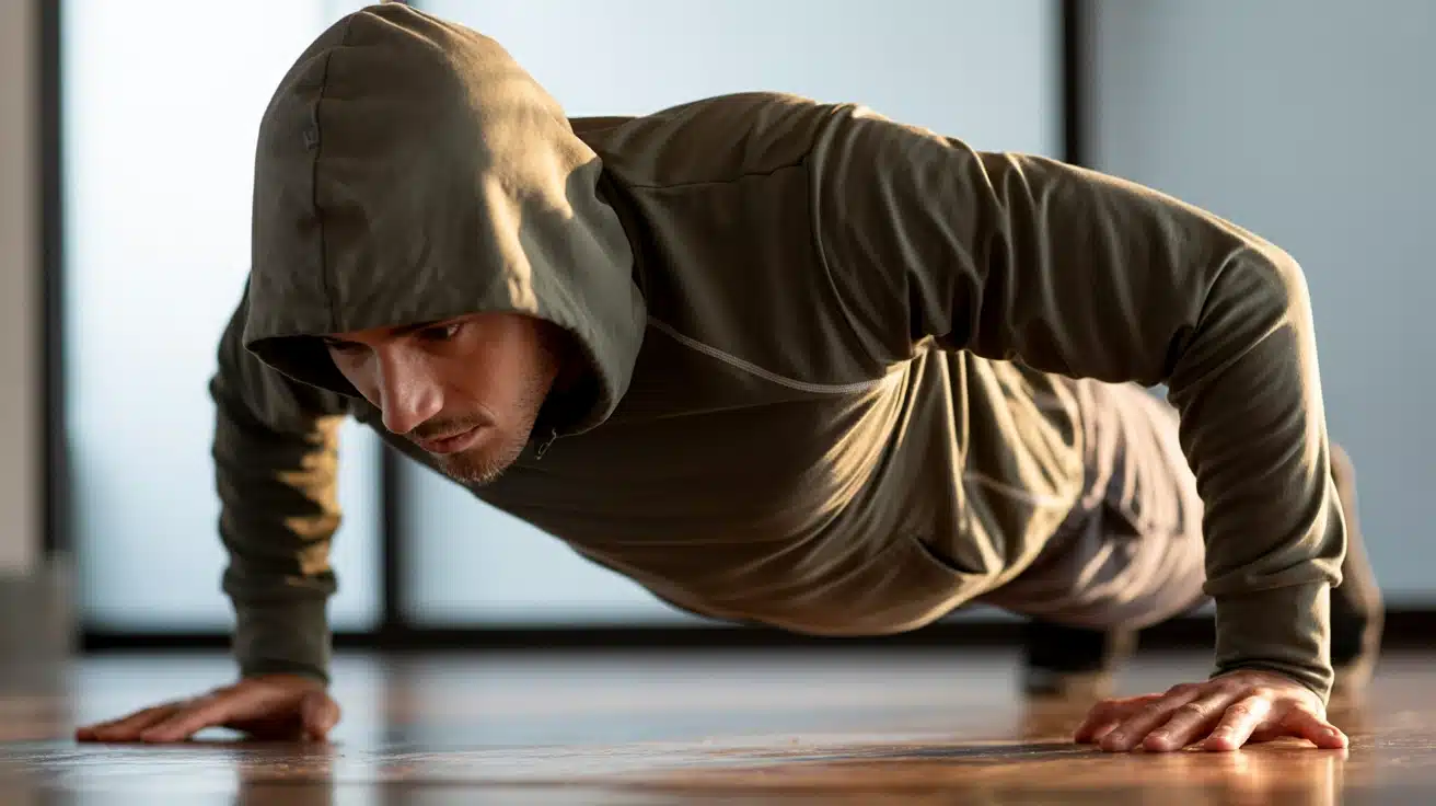 A man in a green hooded sweatshirt is performing push-ups as a warm-up before a chest workout on a shiny wooden floor at the gym
