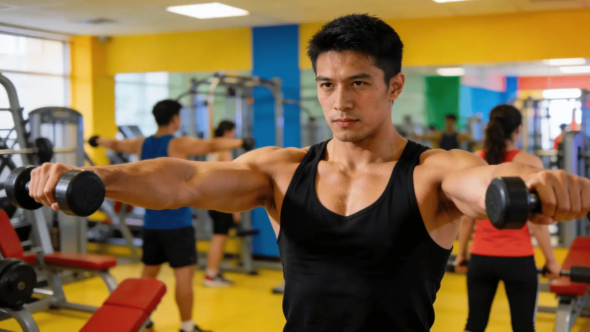 A muscular man lifting weights in a gym, focusing on a standing dumbbell chest exercise for strength training
