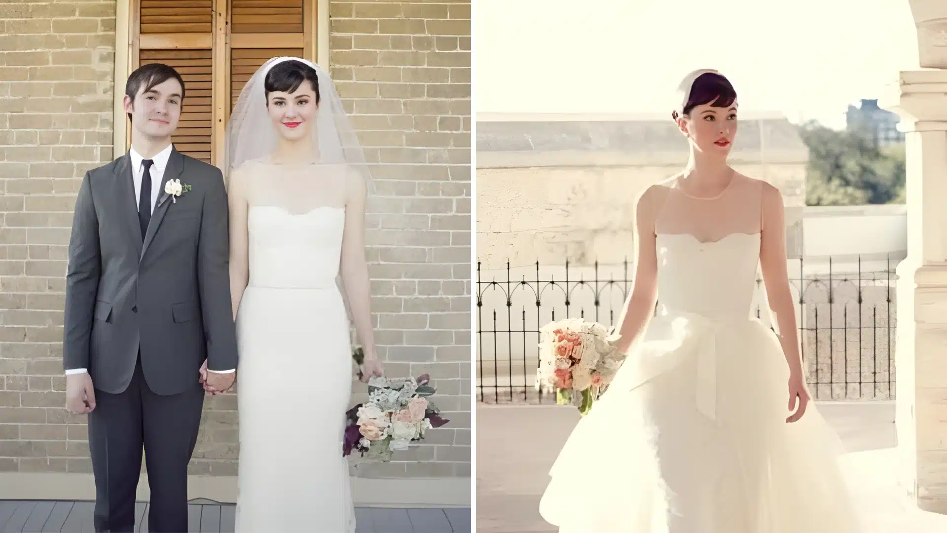 An image showing Mary Elizabeth Winstead and Riley Stearns standing together against a brick wall on the left and Mary alone in wedding gown