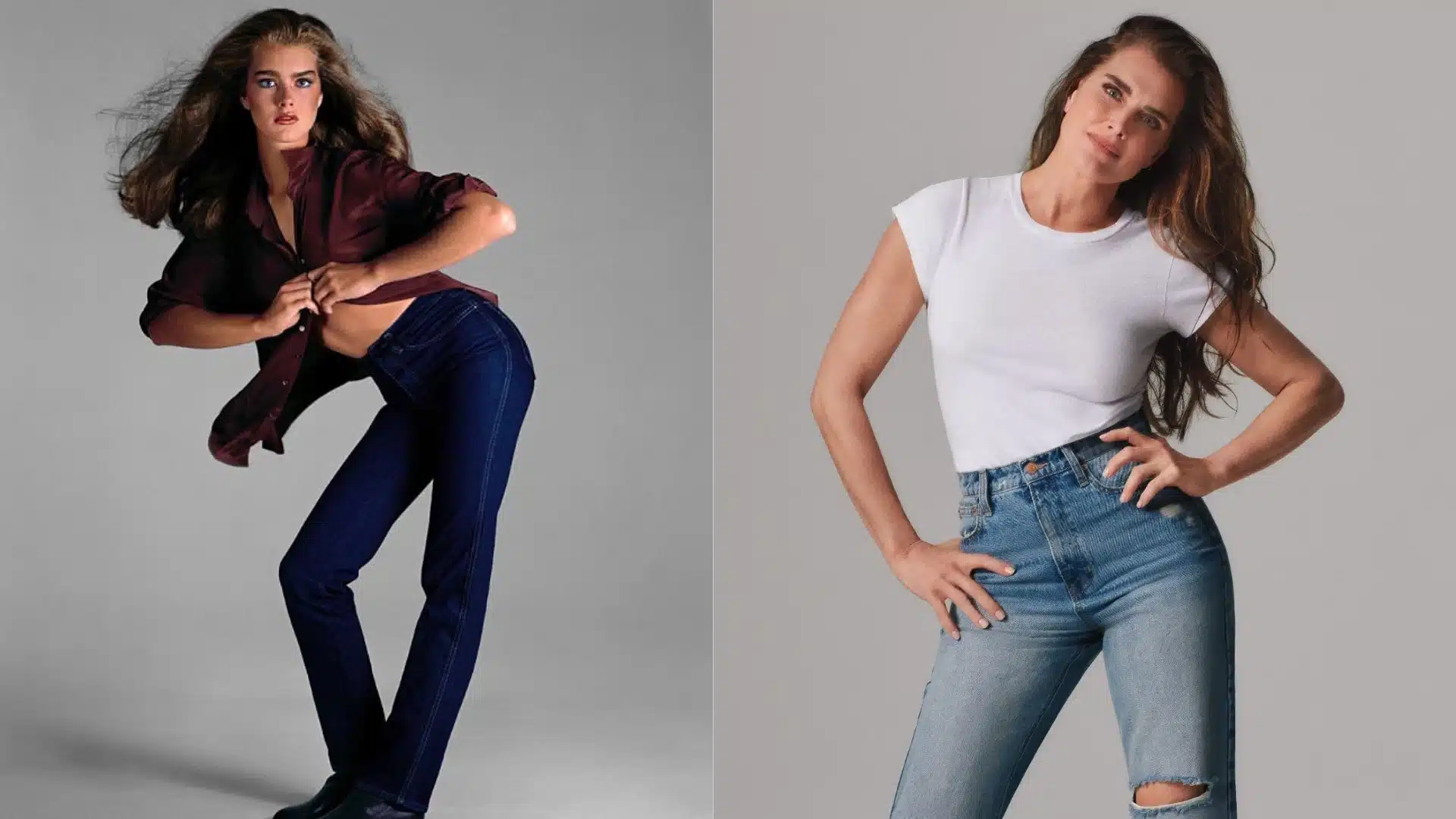 Brooke Shields modelling in a vintage style on the left, and ripped jeans with a white tee in a modern style on the right