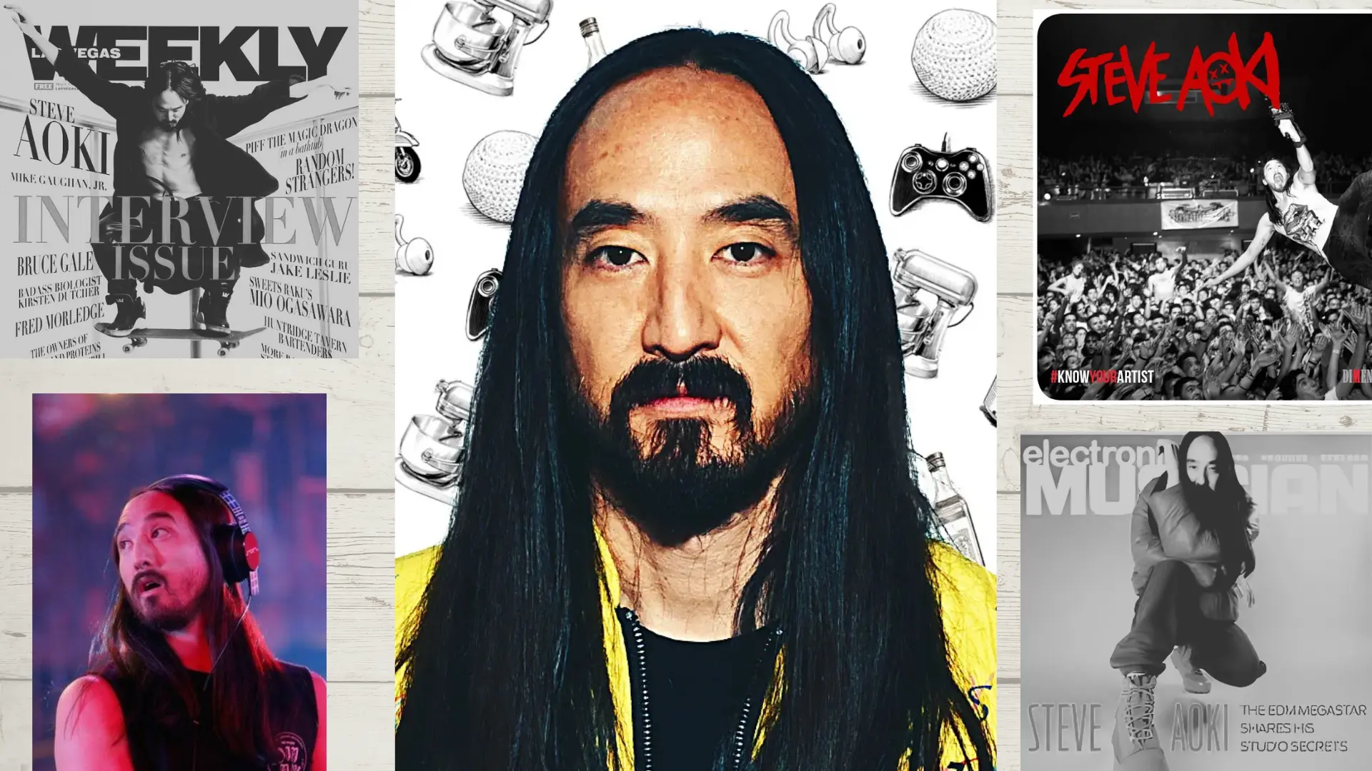 Collage of DJ Steve Aoki featuring magazine covers live performance shots and a central portrait with a yellow jacket