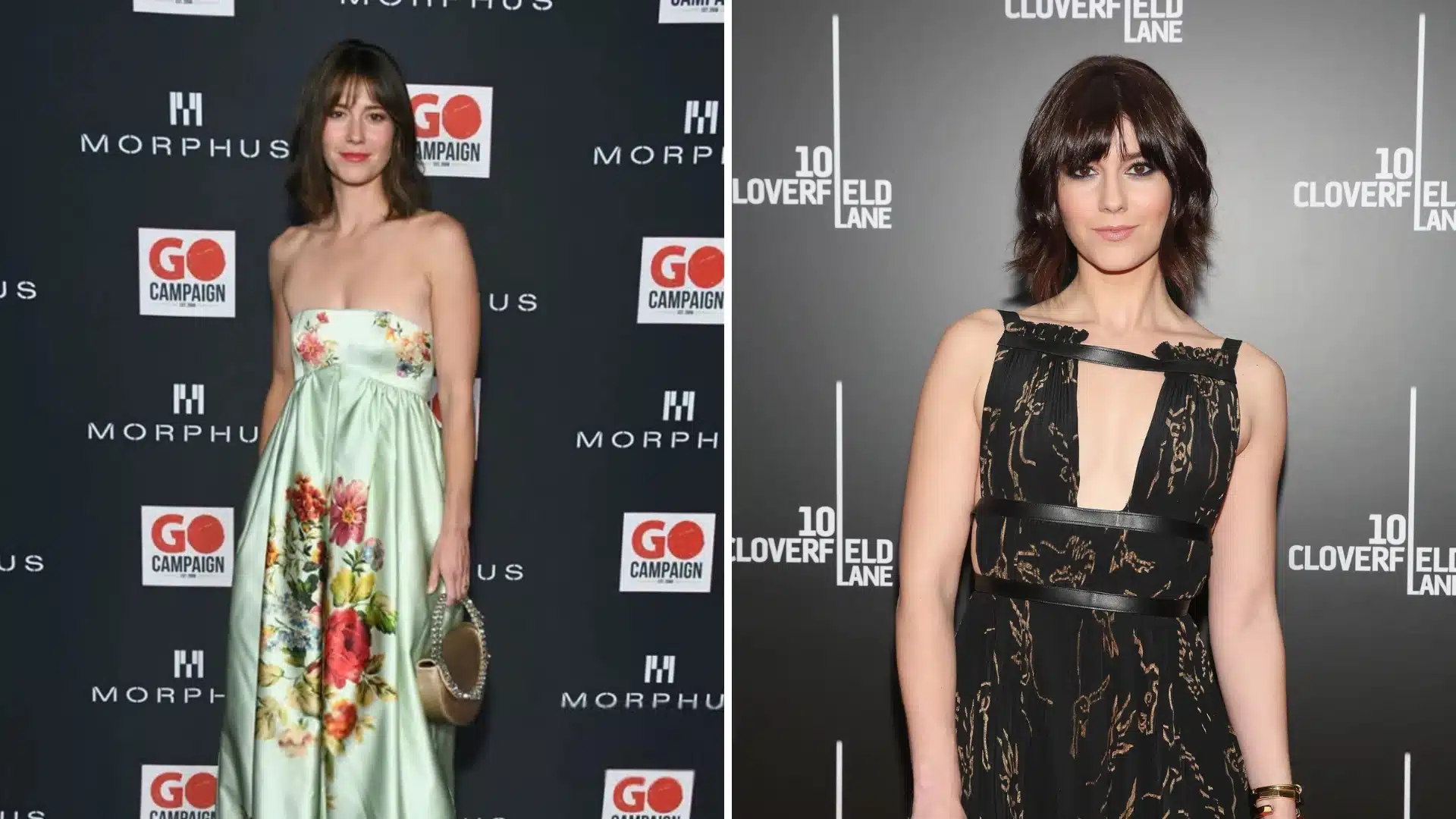 Mary Elizabeth Winstead on red carpets in two different outfits, posing against backdrops at two different events