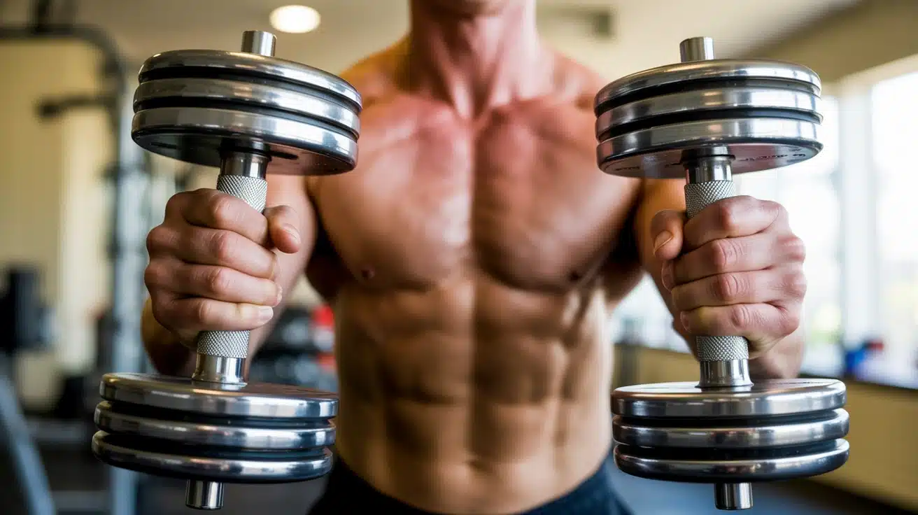 Muscular torso holding a pair of heavy, metal-plated dumbbells in a standing dumbbell chest exercise at a gym setting