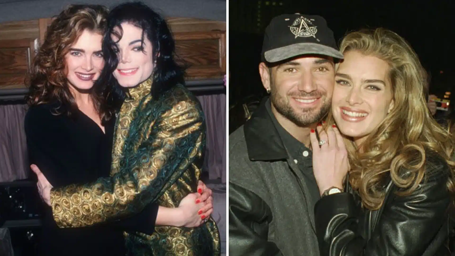 Split image showing Brooke Shields hugging Michael Jackson on the left and Brooke Shields smiling with Andre Agassi on the right