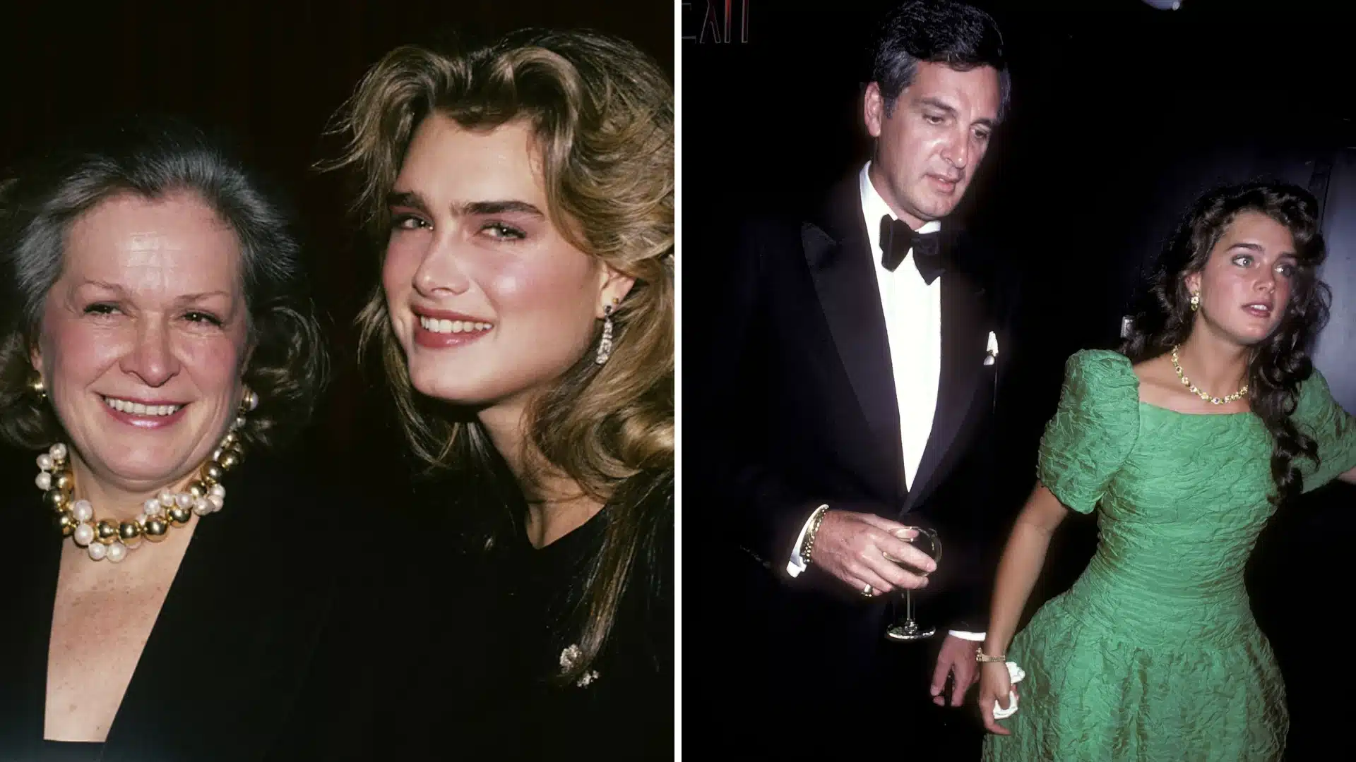 Split image showing Brooke Shields, with her mother wearing pearls on the left, and Brooke in a green dress with her father on the right