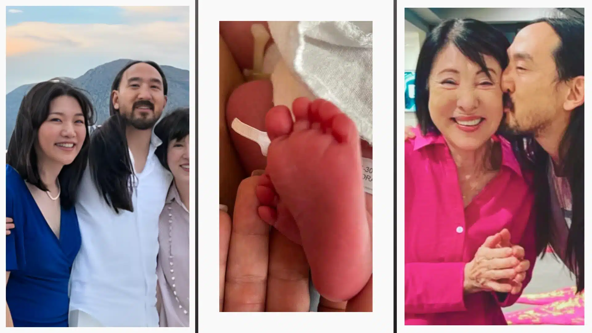 Steve Aoki net worth collage features photos of the DJ with his family his mother and a close up of a small baby foot