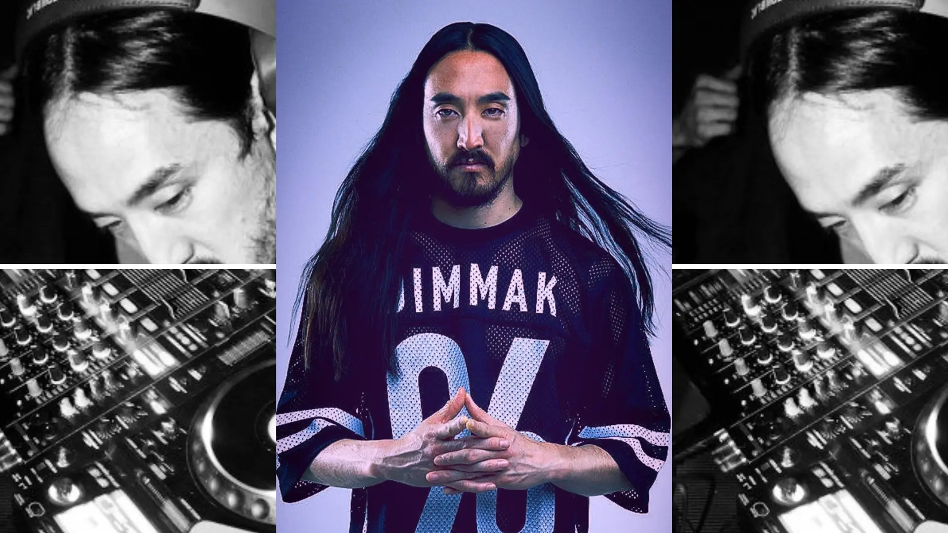 Steve Aoki net worth collage showing the DJ in a Dim Mak jersey with hands together and close up shots of mixing boards