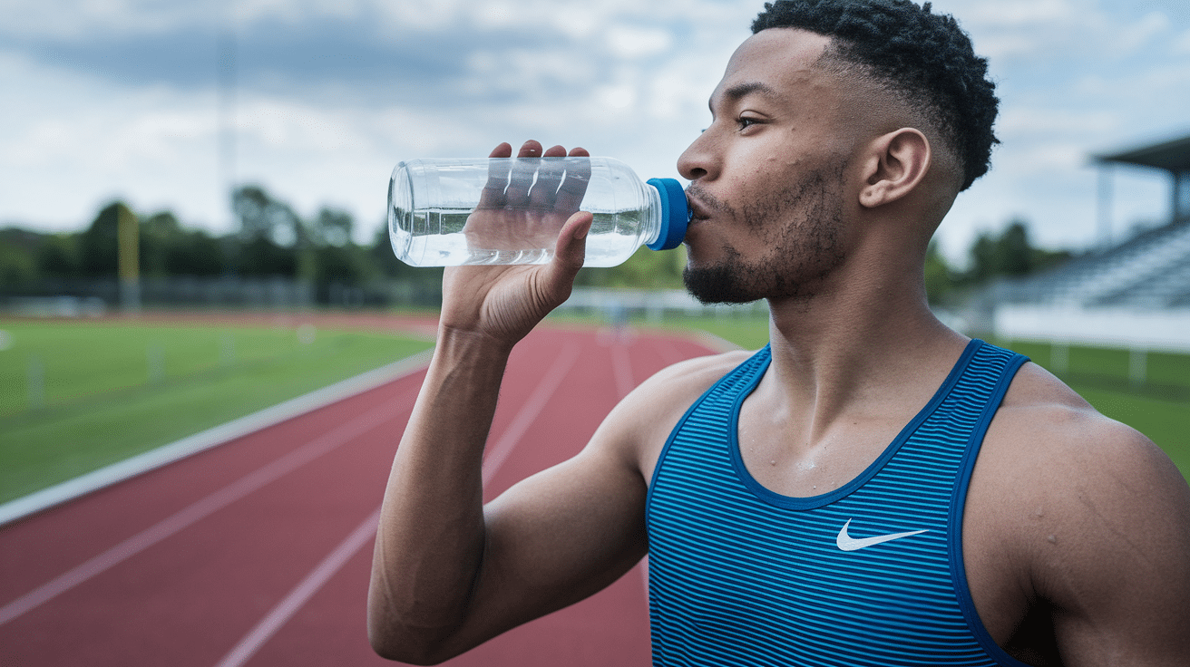 male athlete in a blue Nike tank top drinks water from a bottle on a running track to prevent runny nose