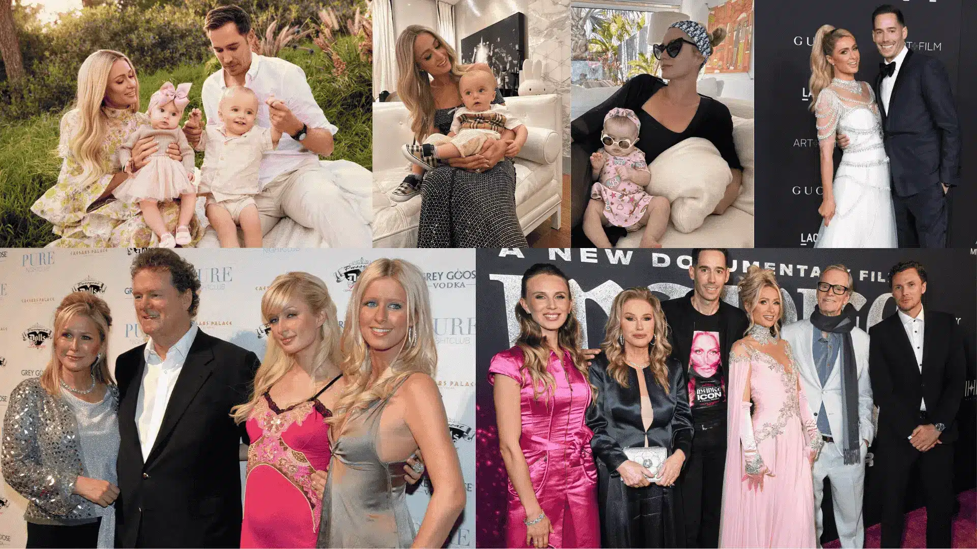 A collage featuring images of Paris Hilton with her family and children, highlighting her early life and family background