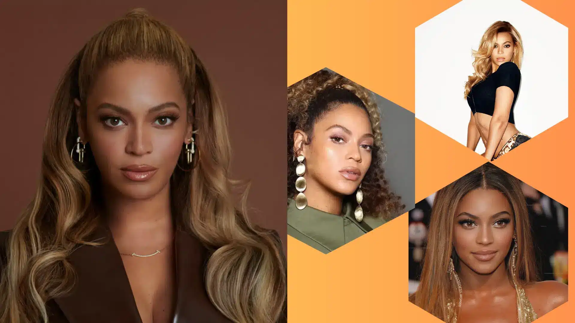 A collage of four photos shows Beyonce Knowles in various poses including professional headshots and a fashion pose