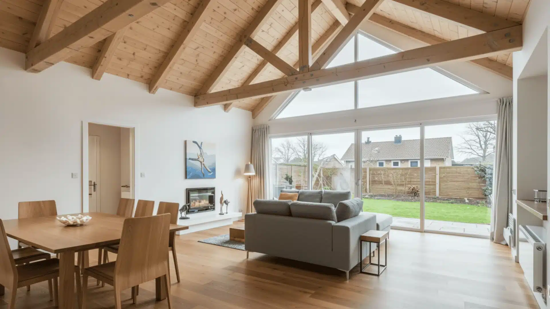 A contemporary living room with exposed wooden beams and a sleek dining table, showcasing a modern rustic design.