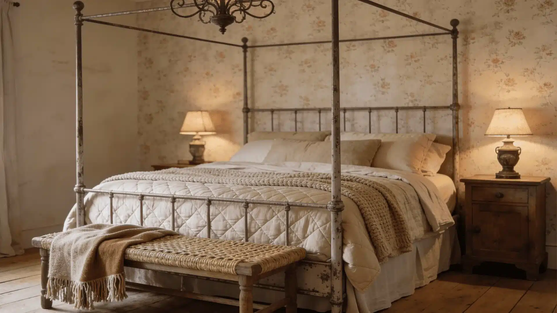 A cozy modern rustic bedroom design featuring a canopy bed, a bench for seating and a lamp for ambient lighting