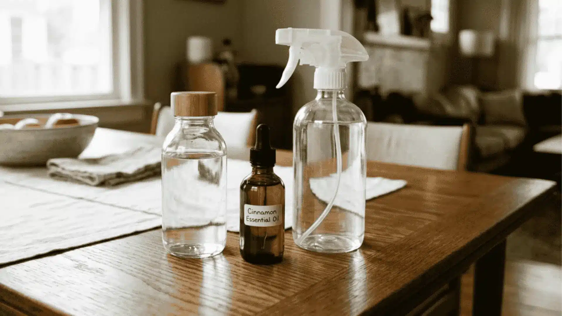 A dropper of cinnamon essential oil a bottle of water and a spray bottle for mixture arranged on a dining table
