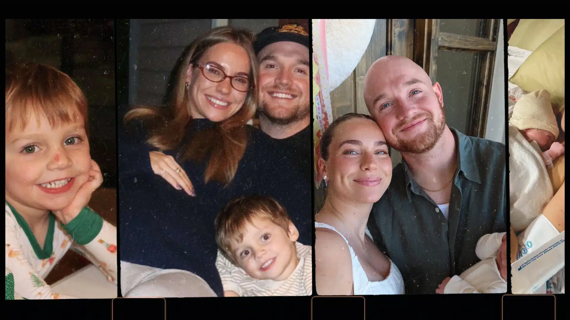 A film strip collage of Emilie Kiser with her husband and young children including shots of her son