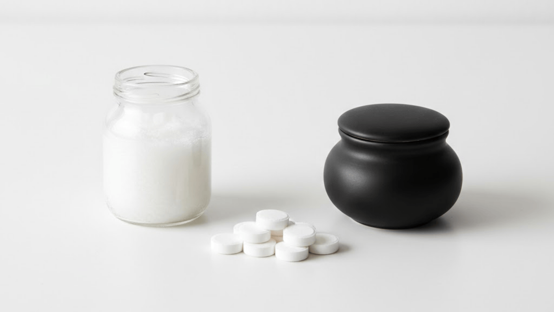 A glass jar of powder, a pile of round camphor tablets, and a small black lidded container of coconut oil sit on a white surface.