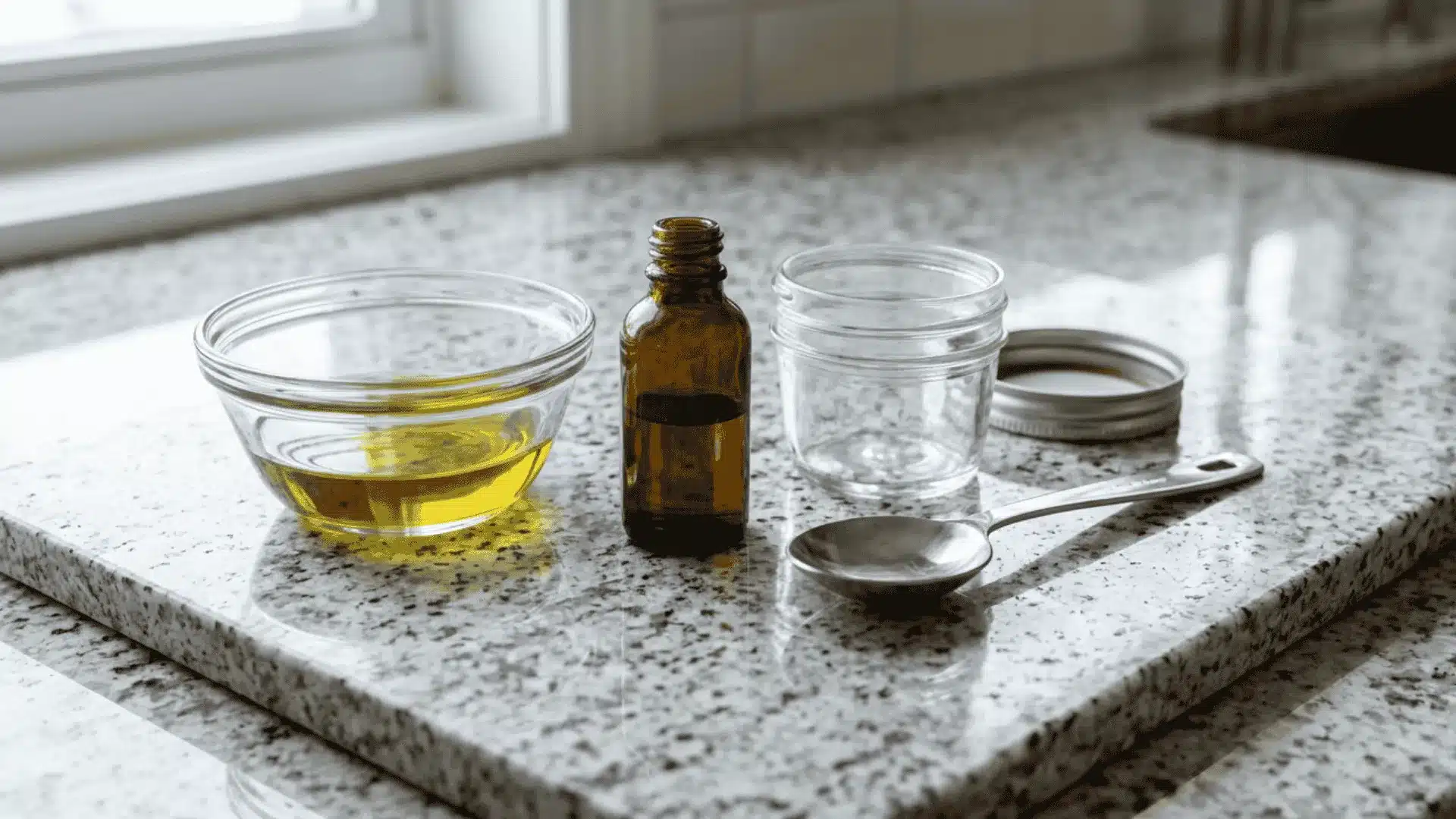 A kitchen slab displays a small dropper of peppermint essential oil next to a bowl of olive oil meant for homemade mosquito repellent