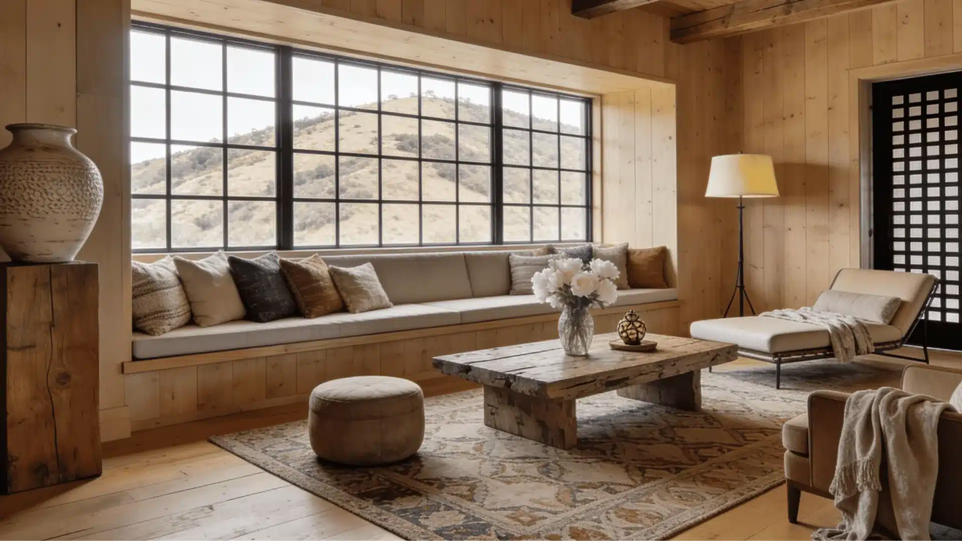 A living room interior design showcasing a couch and chair by a window, complemented by warm wood accent walls for a cozy feel