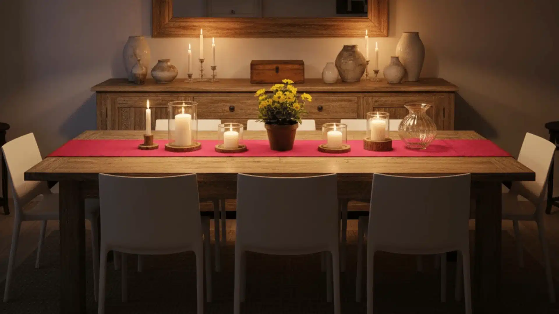 A modern rustic interior design featuring candles and a vase, contrasting beautifully with the rustic furniture surrounding it