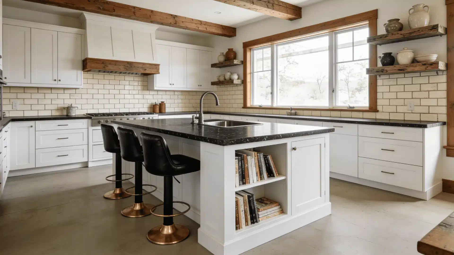 A modern rustic kitchen design with sleek black countertops and white cabinets, blending style and practicality