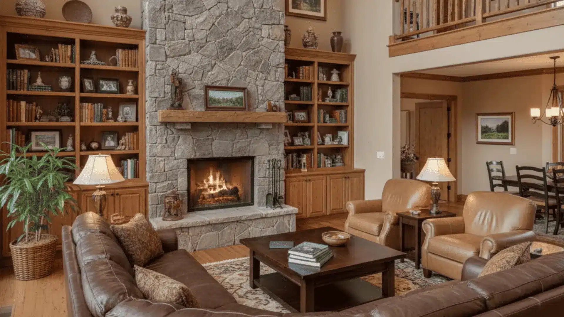 A modern rustic living room design showcasing a prominent stone fireplace surrounded by comfortable leather seating
