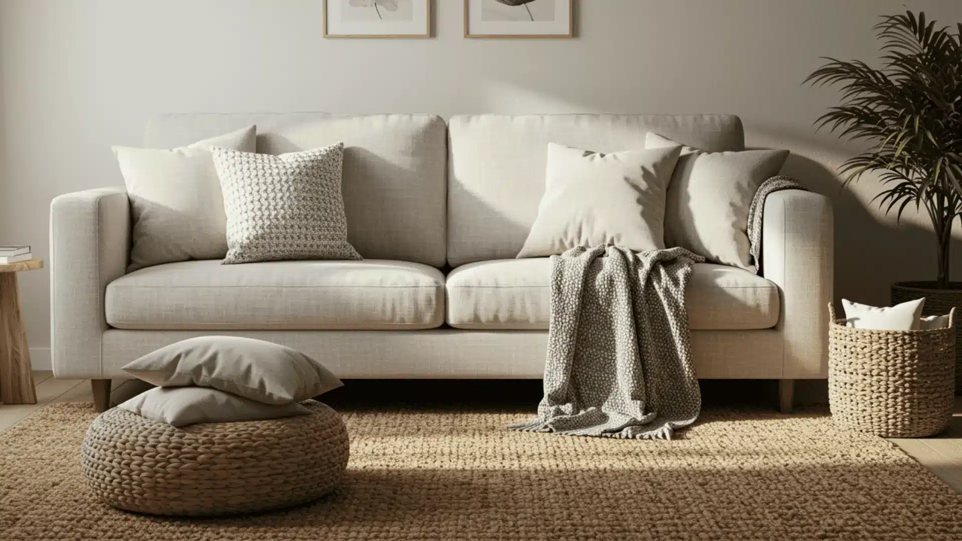 A modern rustic living room featuring a white couch and a natural fiber rug, creating a cozy and inviting atmosphere.