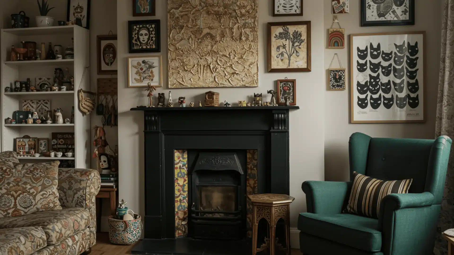 A modern rustic room with a fireplace and couch, styled with artisan decor that highlights handmade craftsmanship