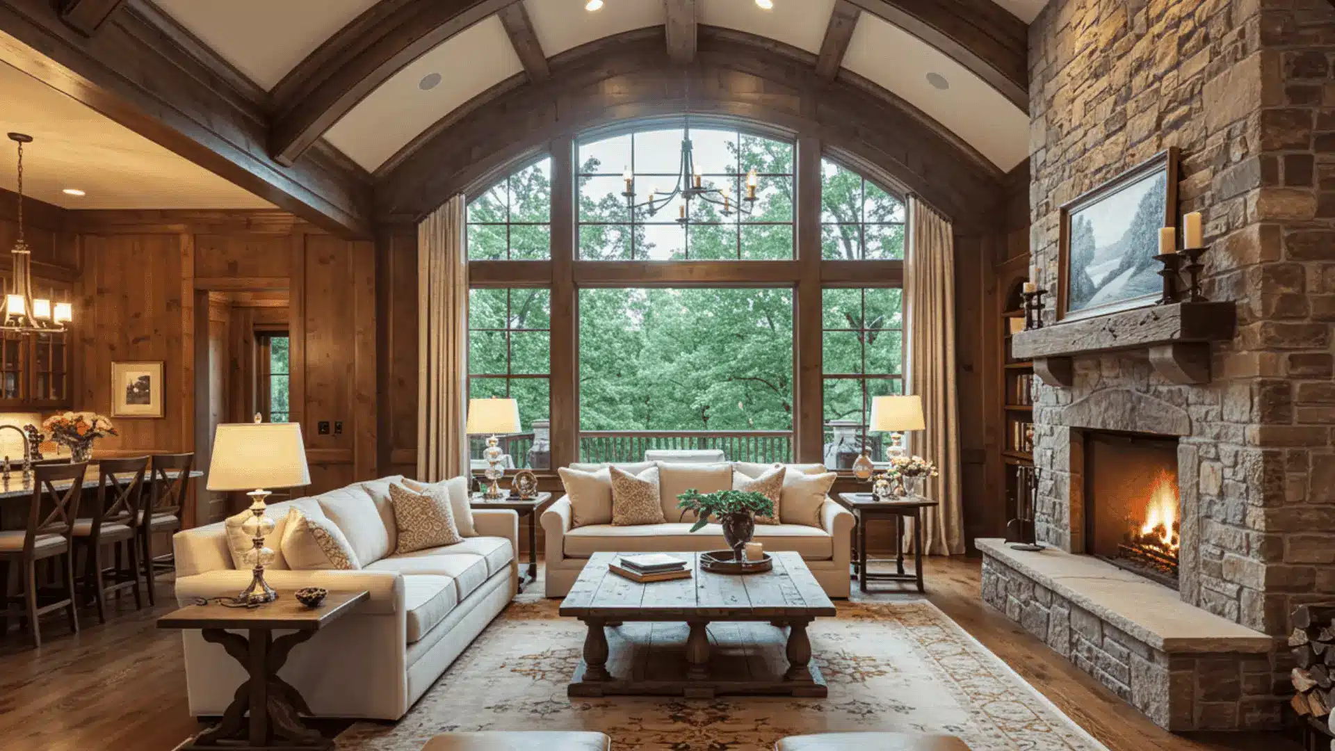 A spacious living room featuring a prominent stone fireplace and major defining architectural details to provide a rustic look