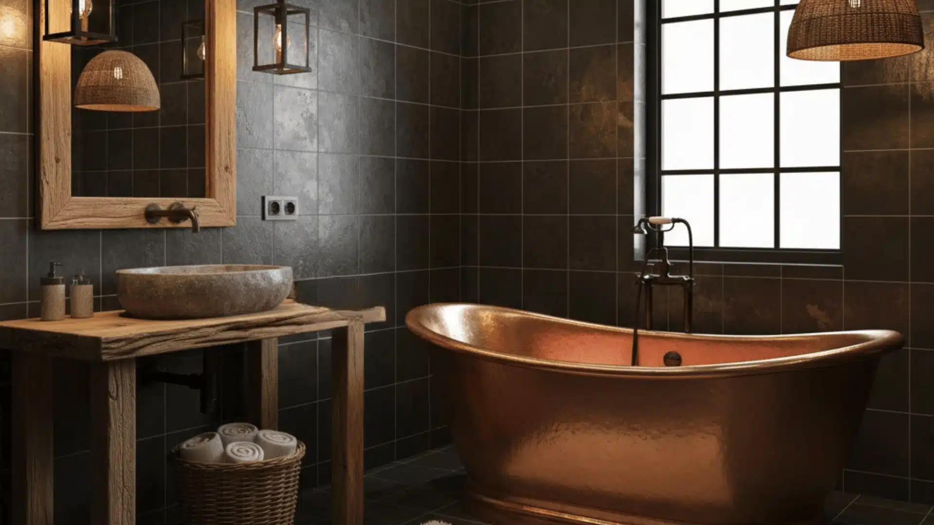 A stylish bathroom with a luxurious copper tub and a handcrafted wooden sink, reflecting a modern rustic design