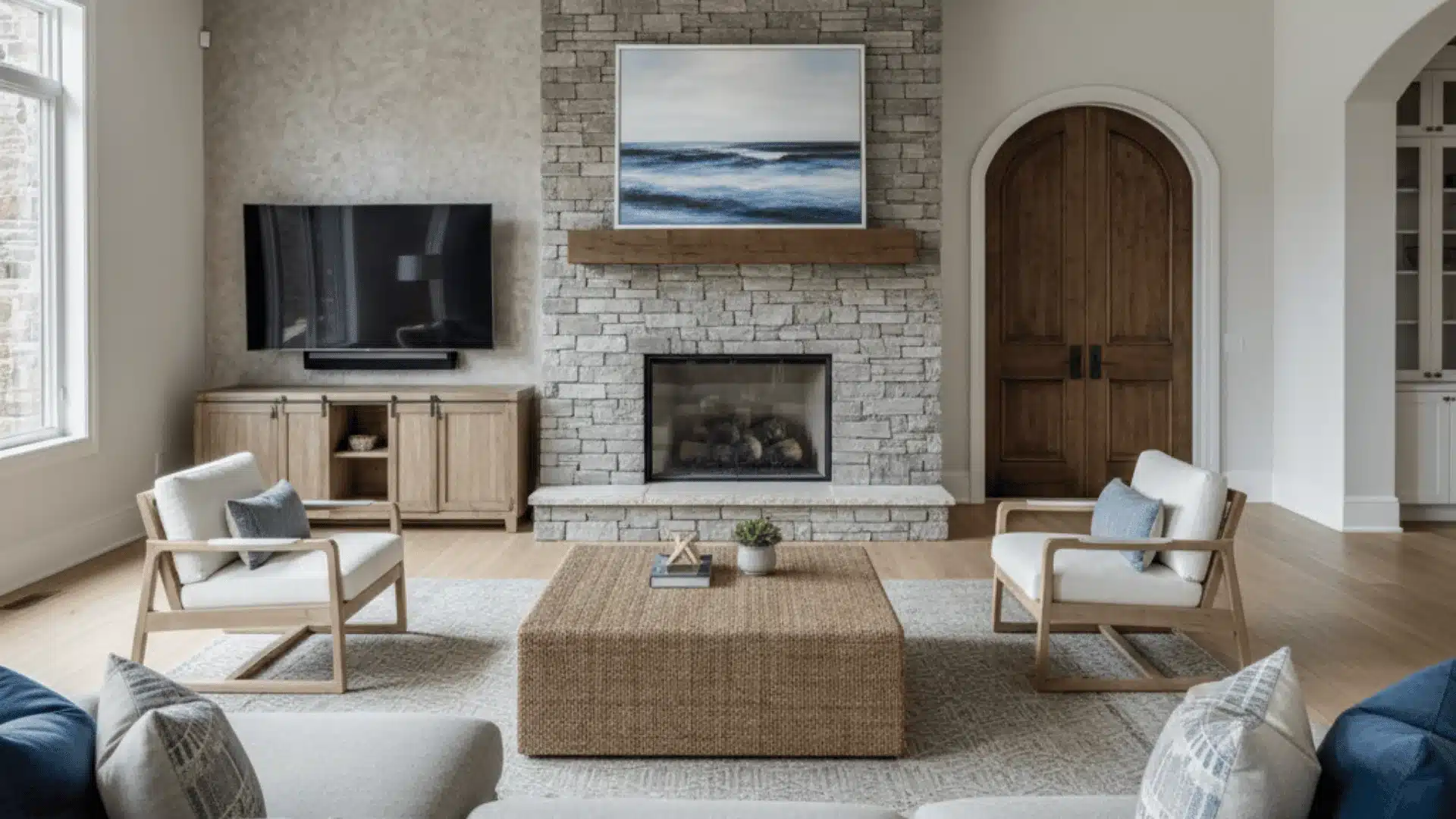 A stylish living room with a fireplace and a comfortable couch, showcasing modern rustic interior design elements
