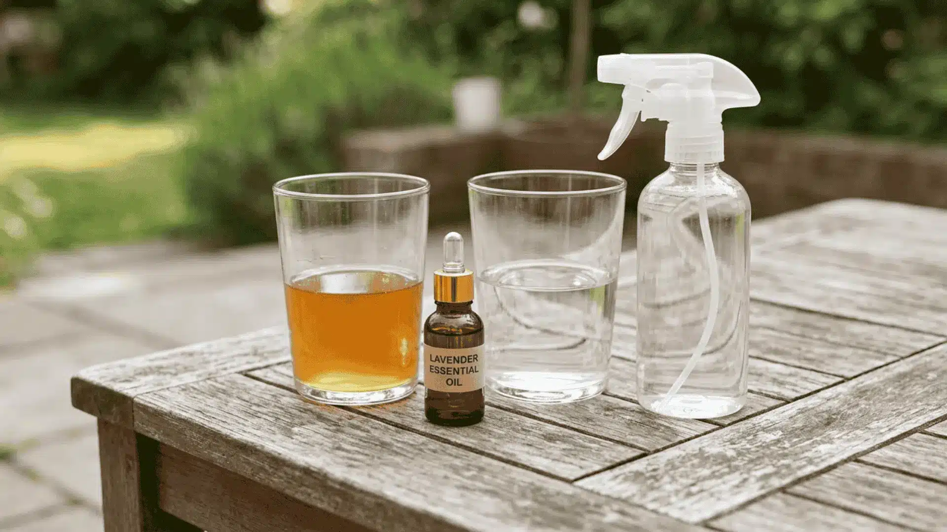 A wooden table features a glass of apple cider vinegar a glass of water an empty spray bottle and a dropper containing lavender essential oil