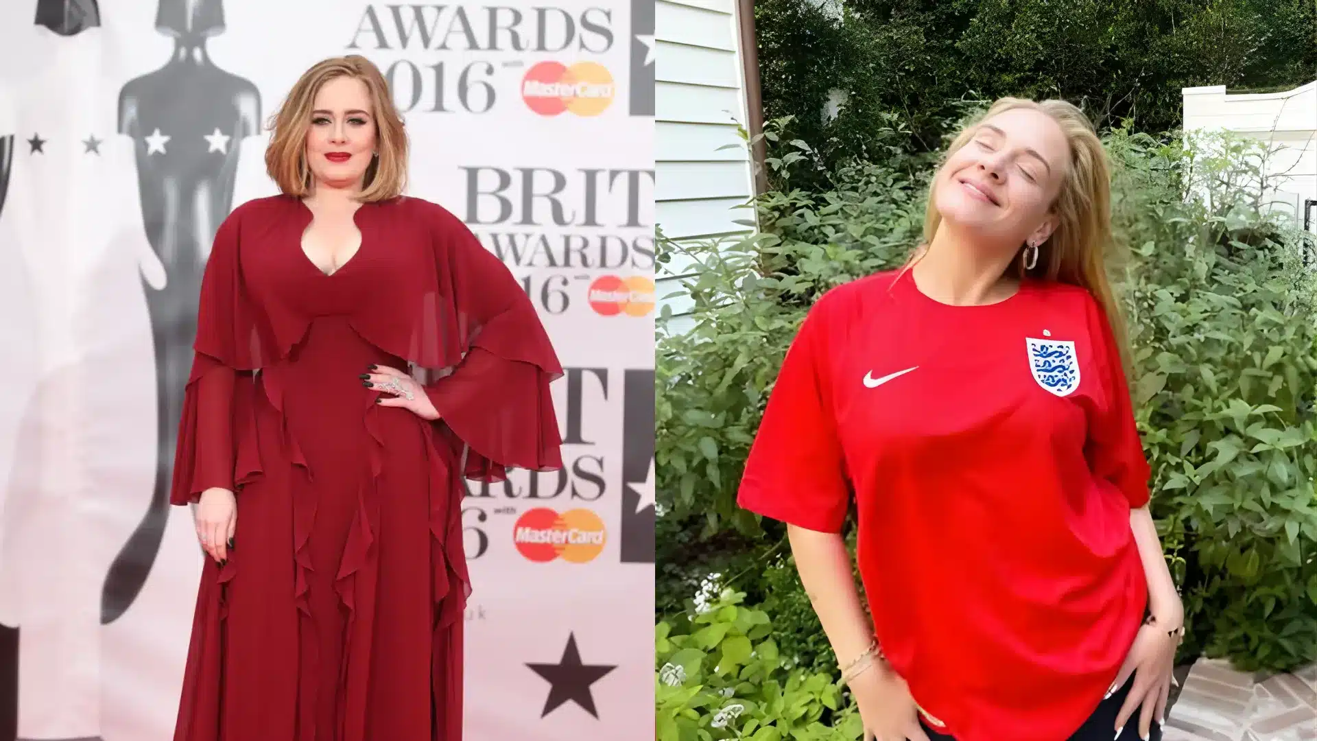 Adele's before weight loss in a red gown in 2016 on the left and Adele after weight loss outdoors in a red football jersey on the right