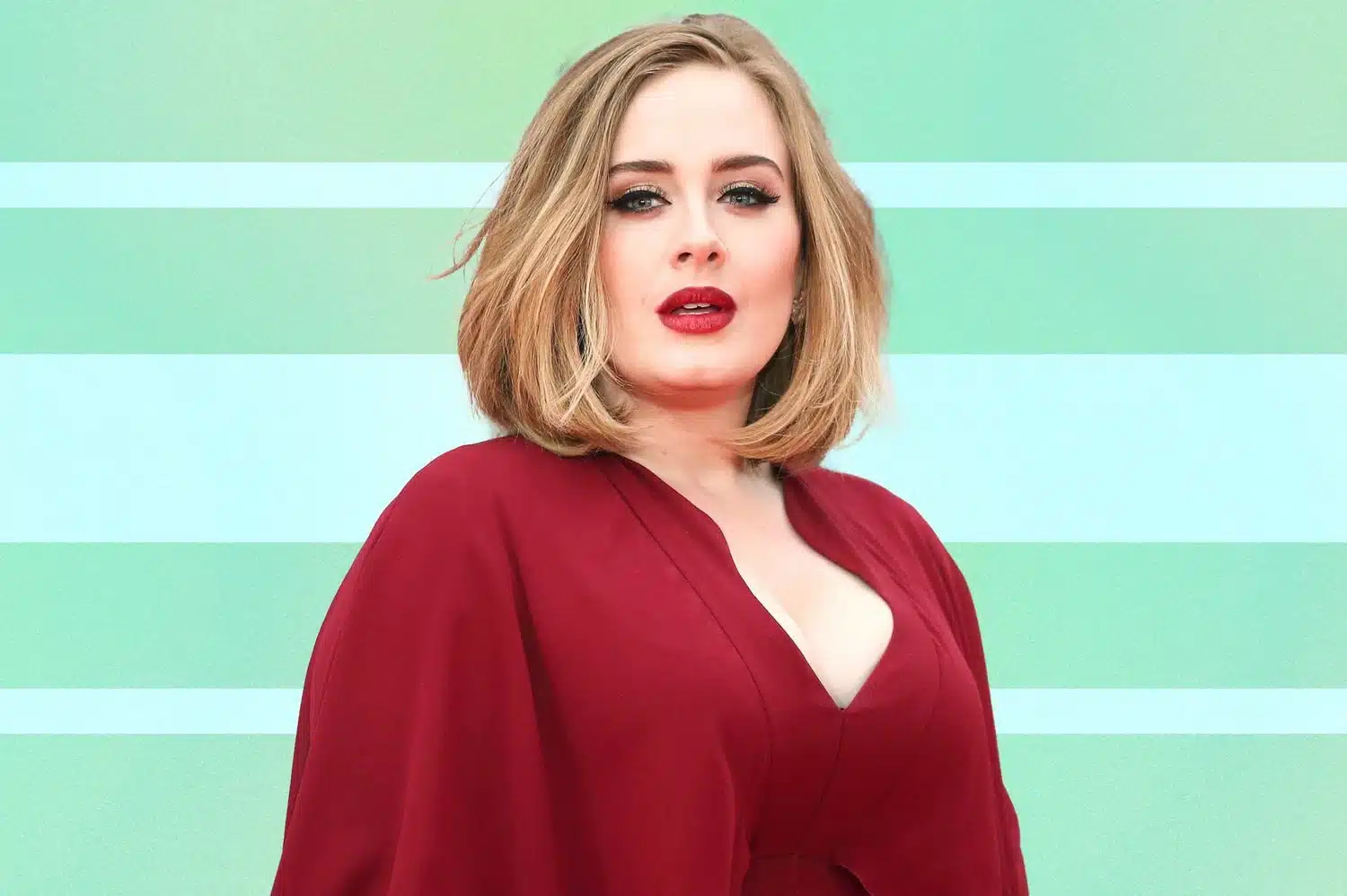 After the allegeded Adele plastic rumour, she poses in a red dress with blonde hair against a green and white striped background