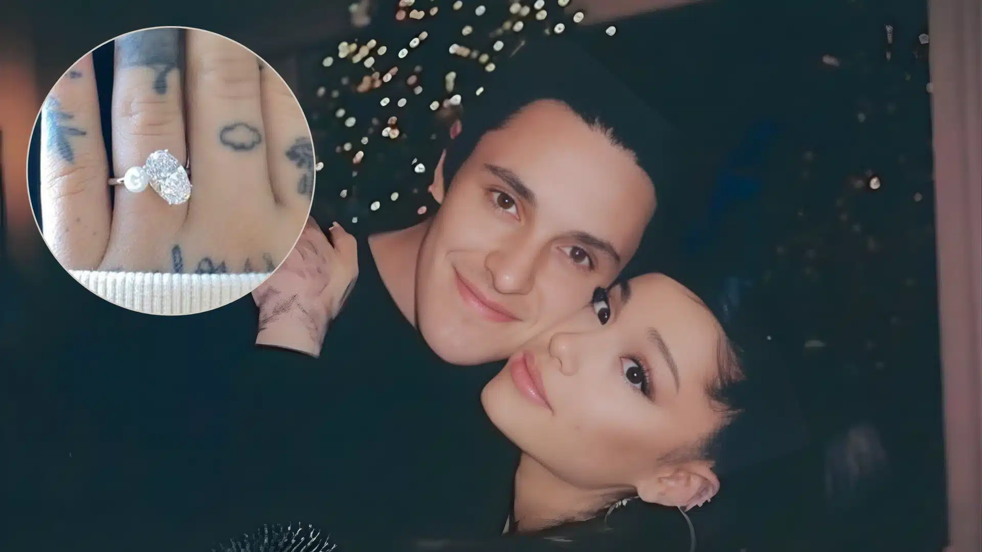 Ariana Grande and Dalton Gomez got engaged with a diamond and pearl ring, they're hugging against a christmas tree in the background