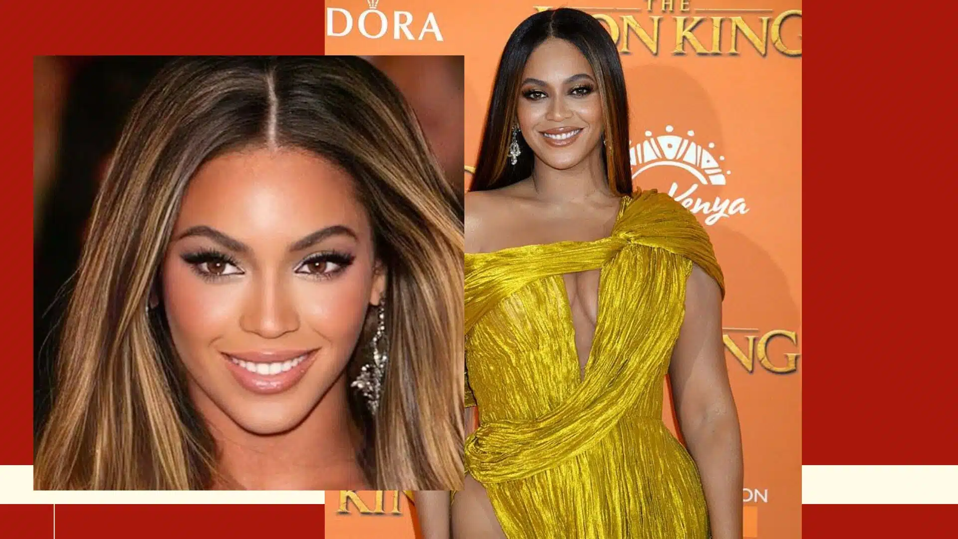 Beyonce at the Lion King premiere in a yellow gown beside a focused portrait of her smiling fun facts about beyonce