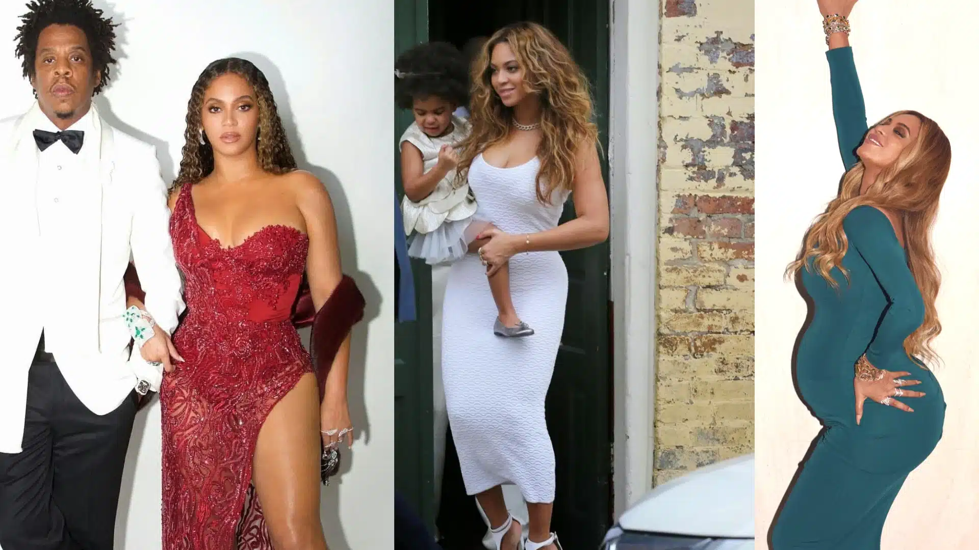 Beyonce wears a red dress with Jay Z then a white dress with her child and finally a teal dress while pregnant