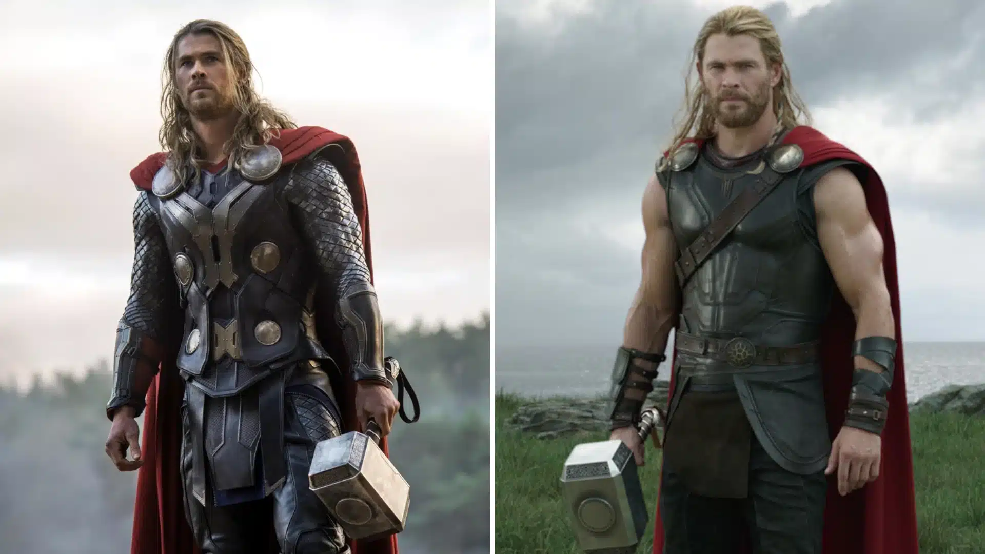 Chris Hemsworth as Thor in two different armored costumes holding Mjolnir, the hammer