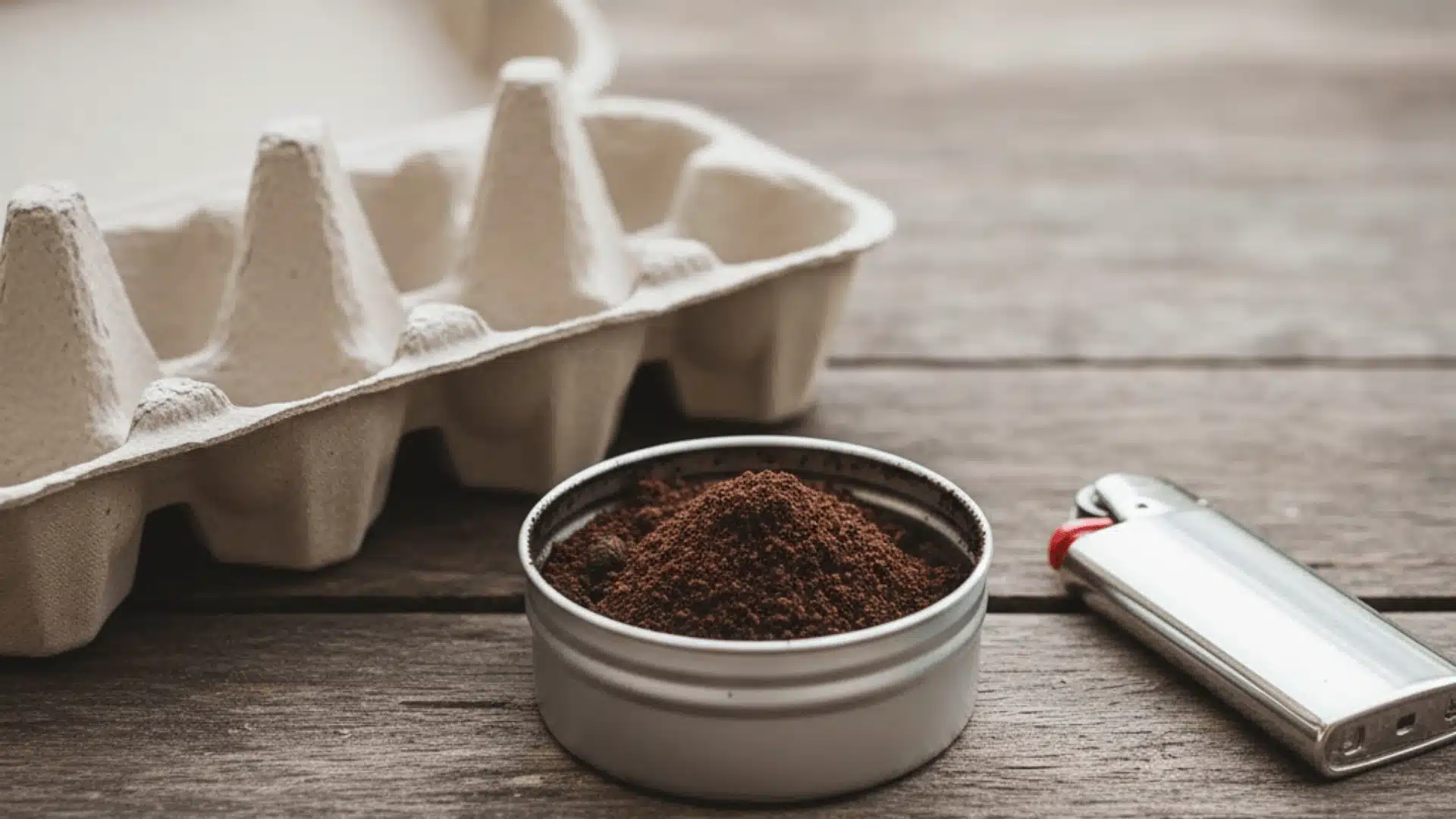 Close-up of coffee grounds in a metal tin next to a silver lighter, with a cardboard egg carton in the background on a wooden surface.