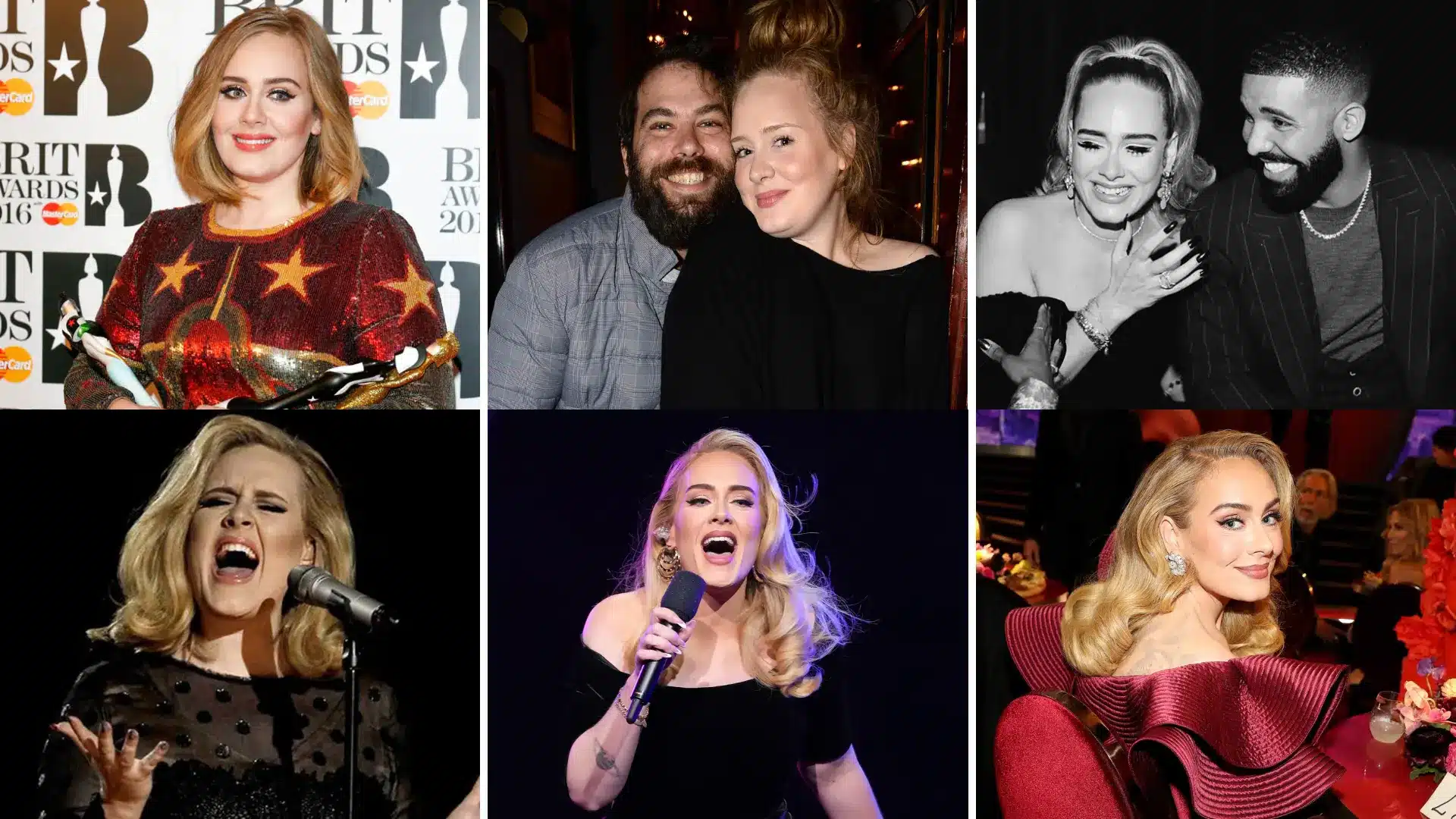 Collage showing six images of Adele from 2016 to 2025, showing Adele's weight loss timeline