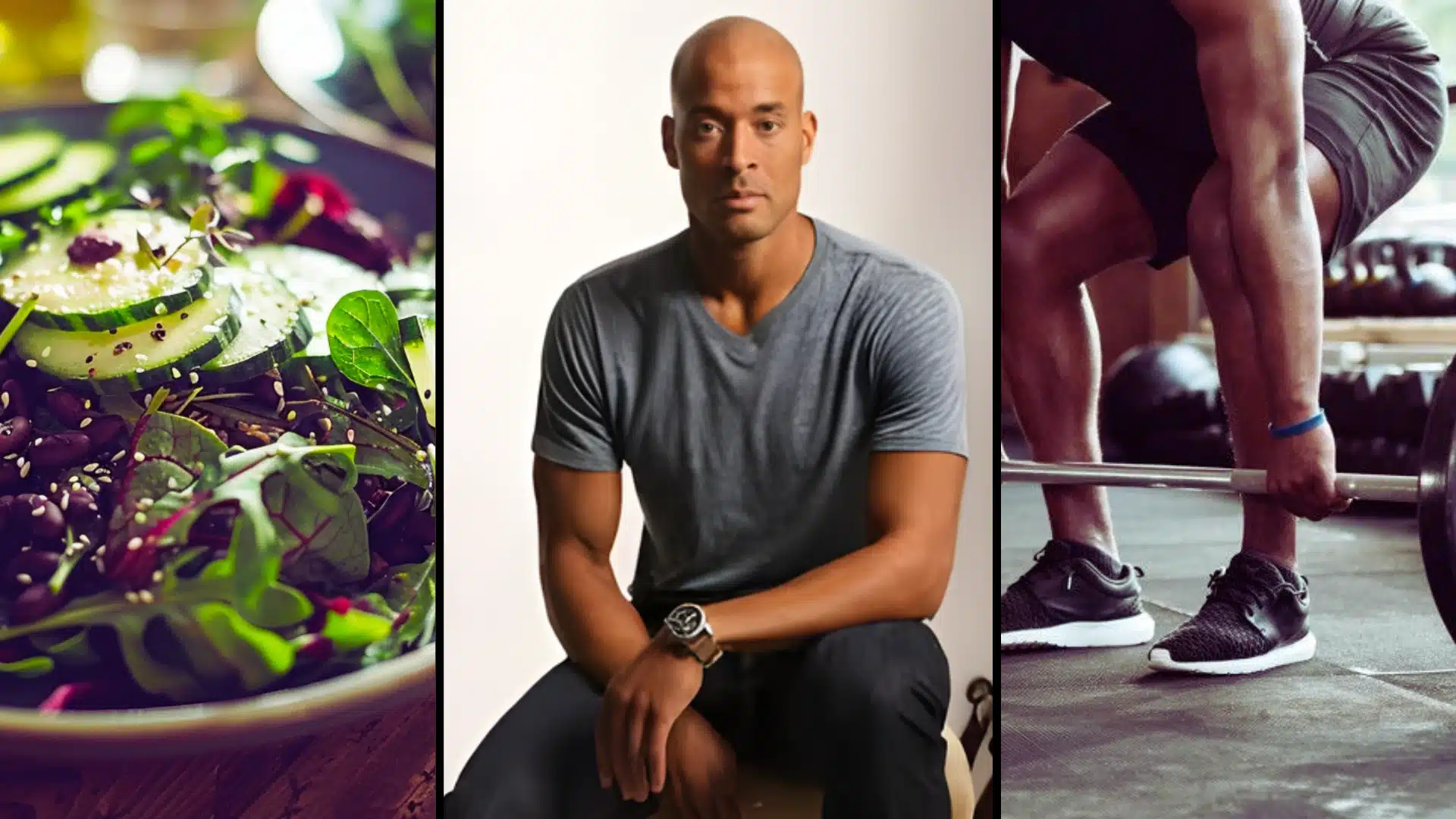 David Goggins sits by a fresh salad and a weightlifting scene to show the strict habits behind his physical change