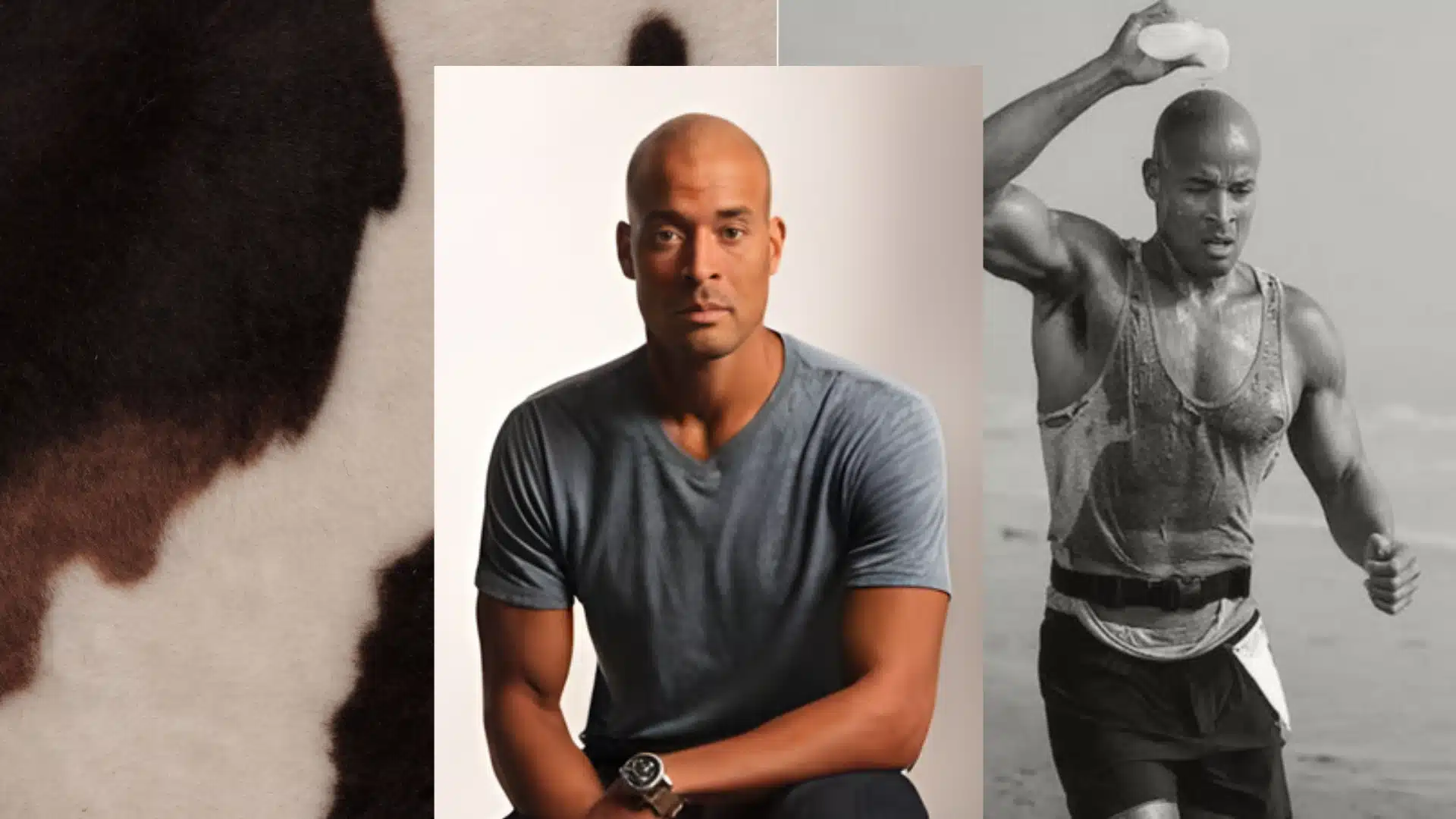 David Goggins sits in a gray shirt beside a black and white photo of him running on a beach