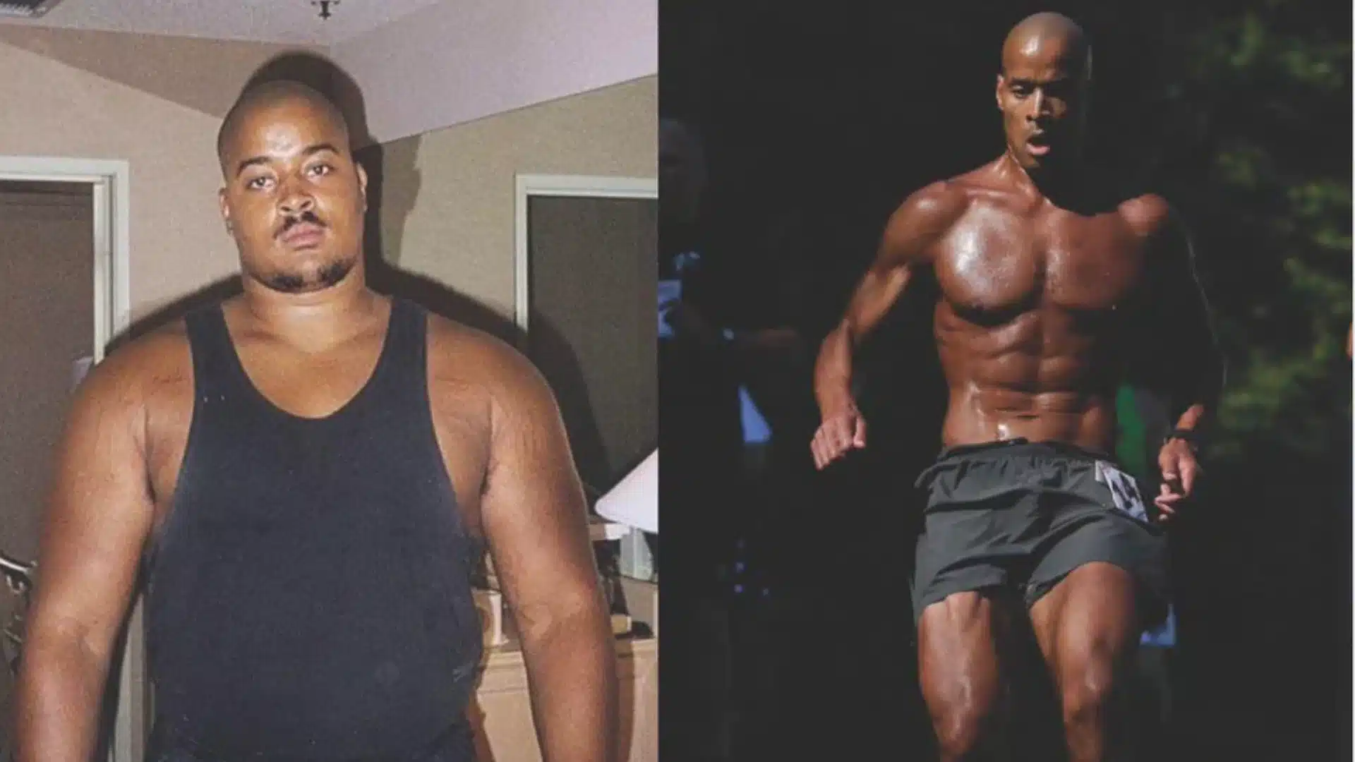 David goggins weight loss transformation shows a pre seal photo at three hundred pounds and a lean seal photo while running