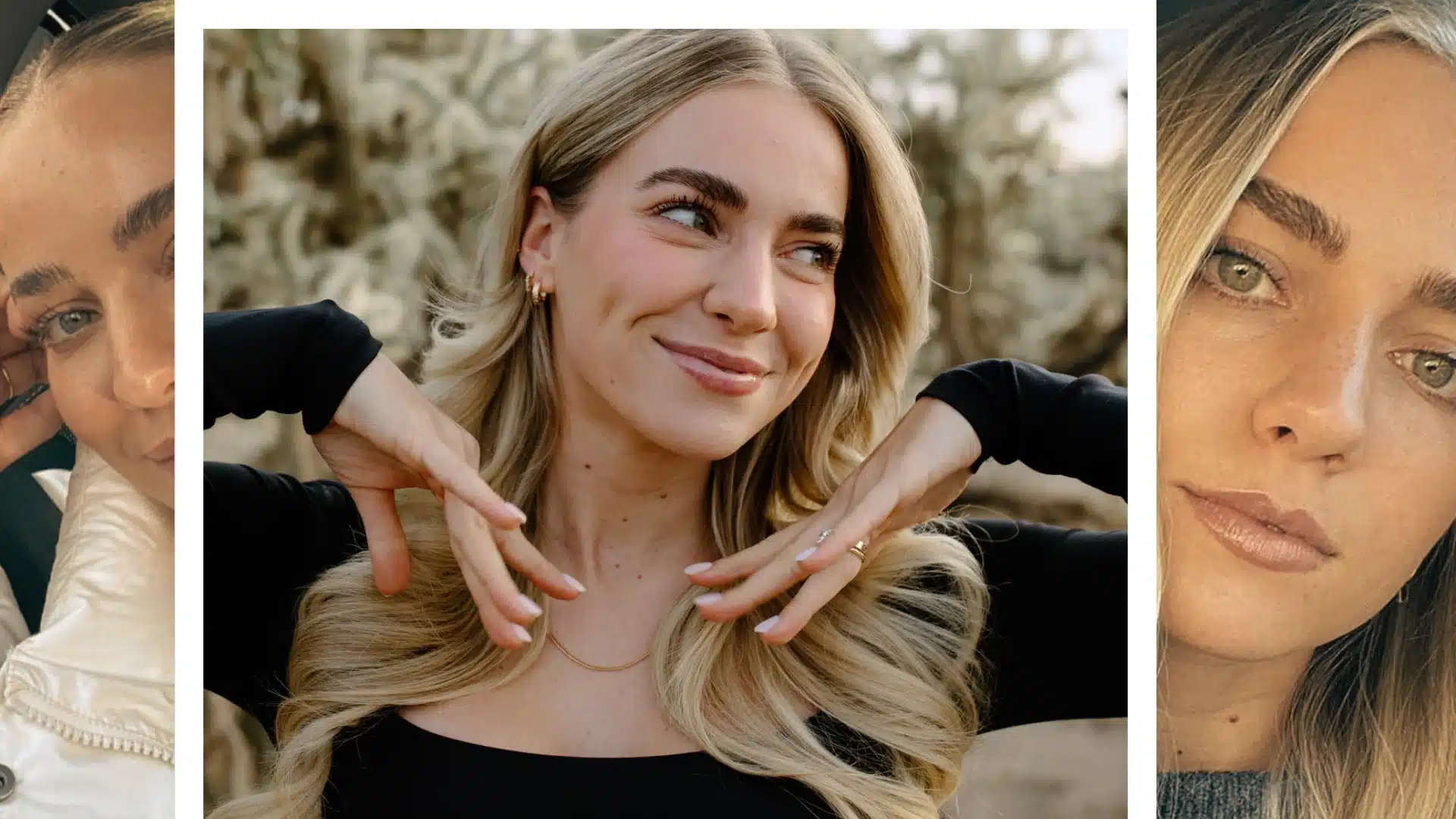 Emilie kiser net worth collage shows portraits of the blonde creator smiling with her hands up