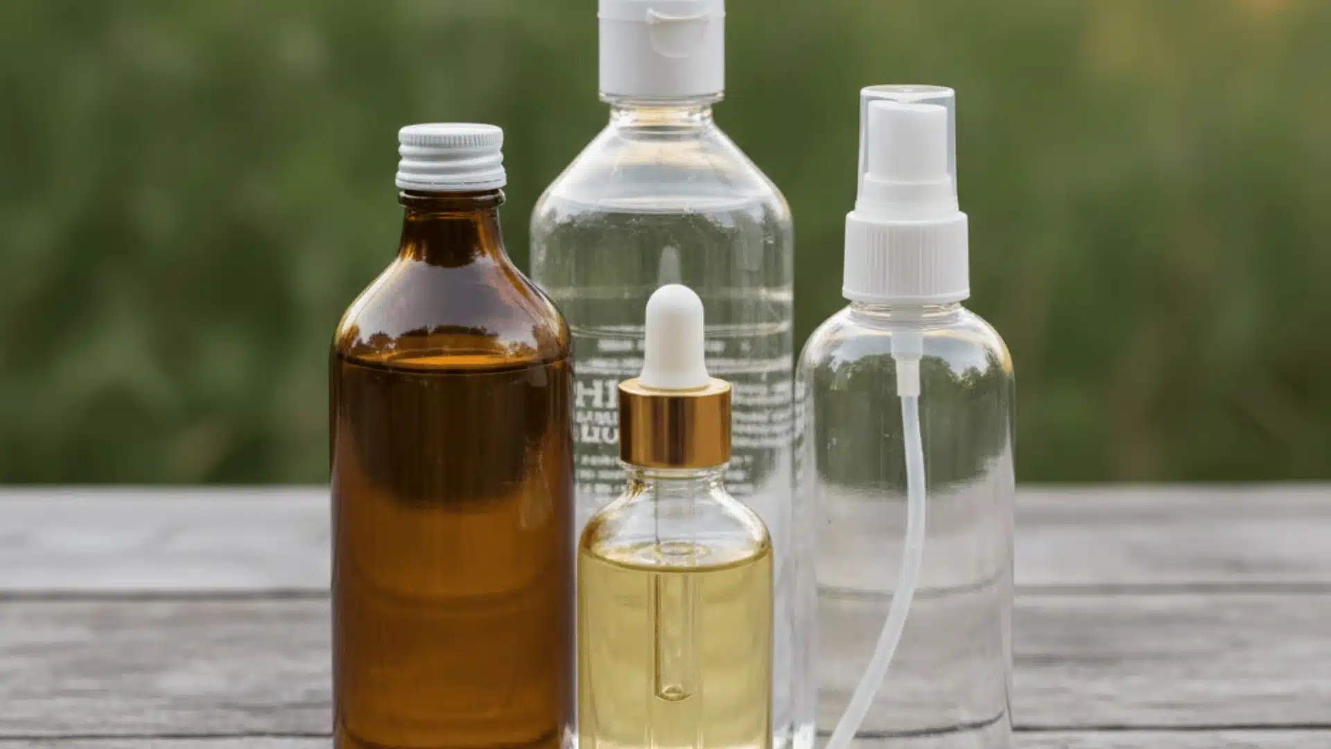 Four bottles, including lemon eucalyptus oil, witch hazel dropper, and spray , sit on a wooden surface against a green outdoor background.