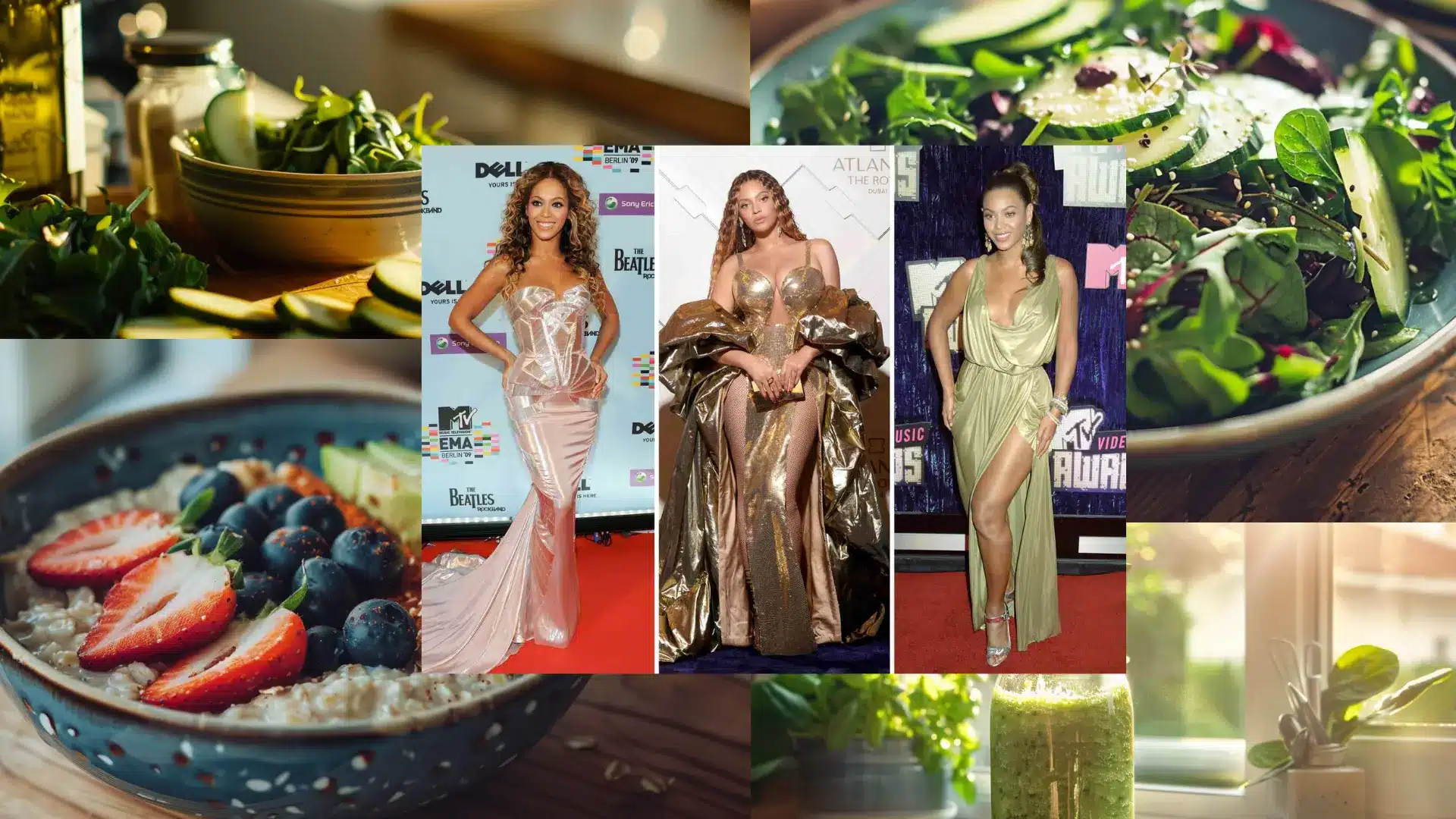 Fresh green smoothies alongside red apples almonds and leafy salads for a healthy daily lifestyle that. beyonce follows 