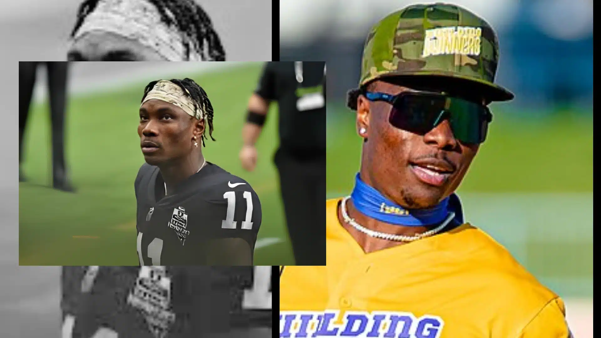 Henry ruggs net worth collage features two photos of the football player in his black jersey and a yellow baseball shirt